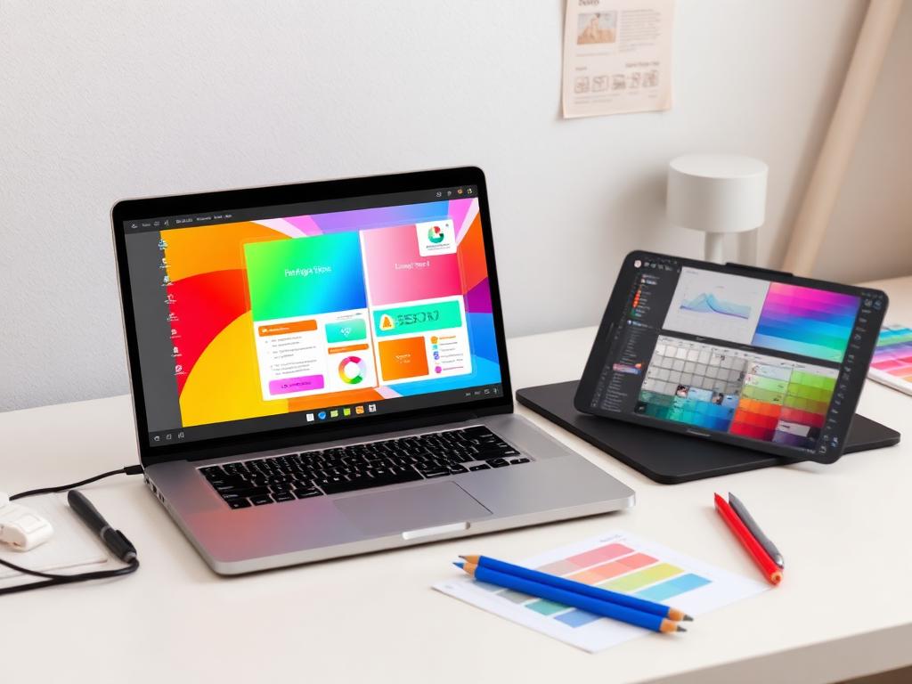 Creative design workspace with laptop and colour swatches