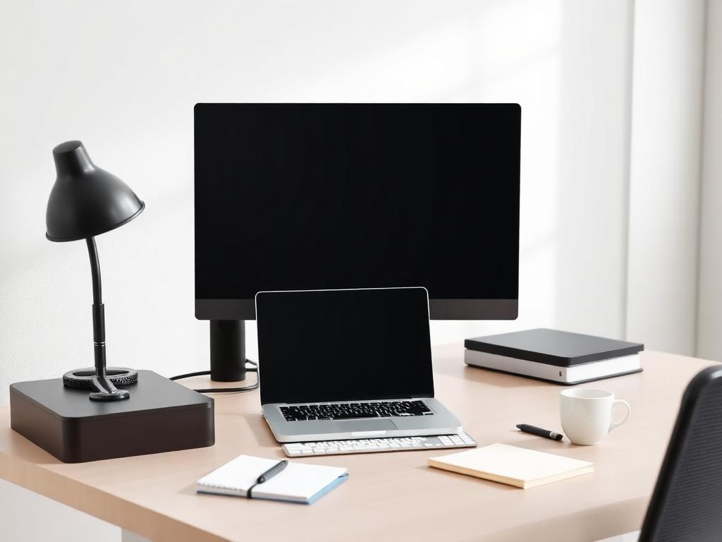 Office desk workstation with laptop and external monitor