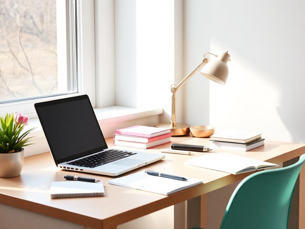 Student study desk with a laptop, books and notebook