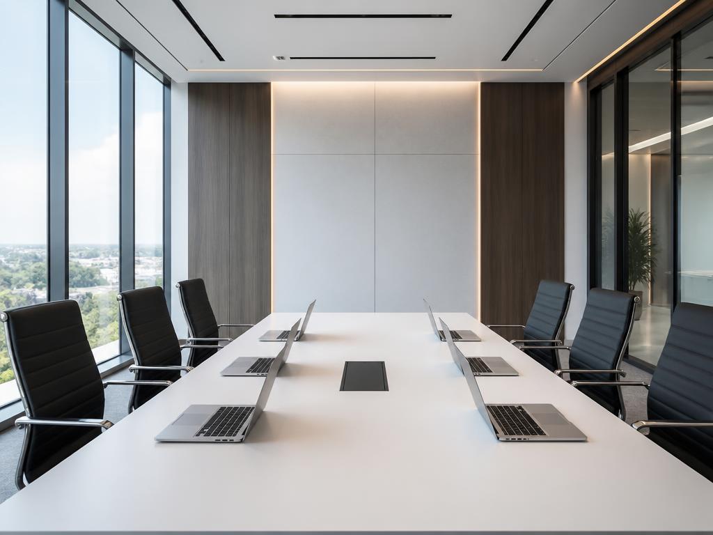 Meeting room with standardised laptops set up on the table