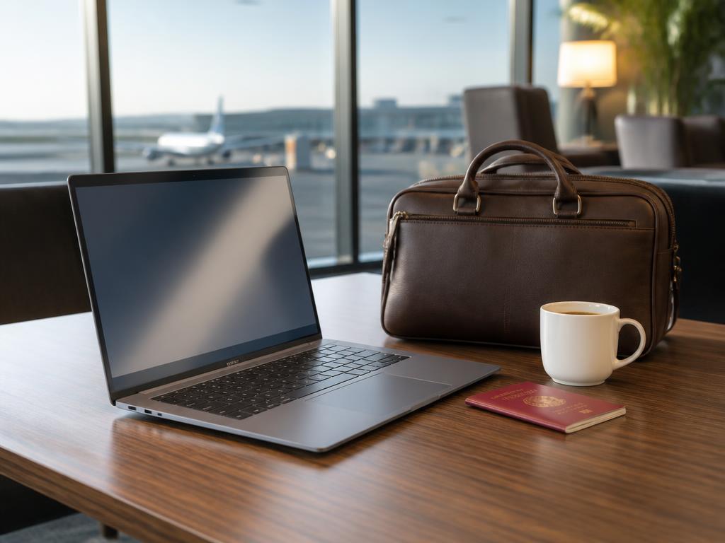 Lightweight business laptop with travel bag in an airport lounge